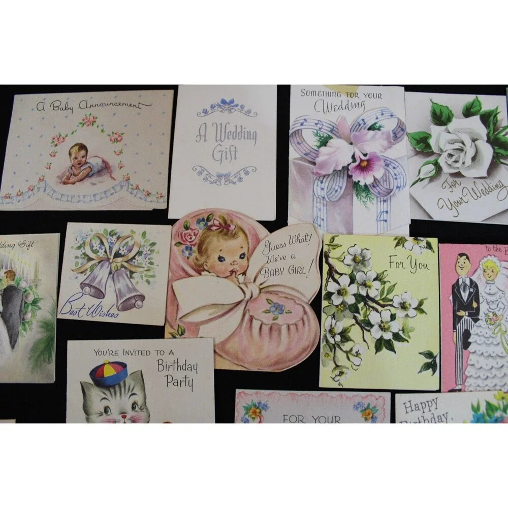 Lot 72 Vtg Baby Shower & New Baby Greeting Cards 1950s Graphics Glitter USA